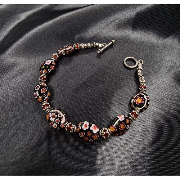Vintage Millefiori Glass Bead Bracelet With Silver Accents & Toggle Clasp - Picture 2 of 5